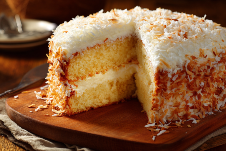 Soft, Moist, Bakery-Style Coconut Cake with Creamy Frosting and Toasted Coconut